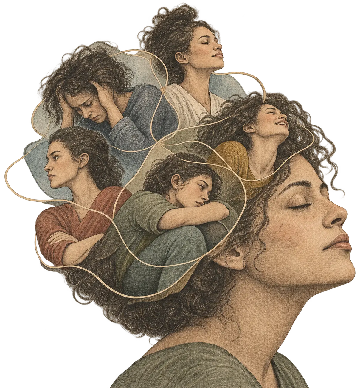 Illustration of several emotional parts connected around a calm central figure
