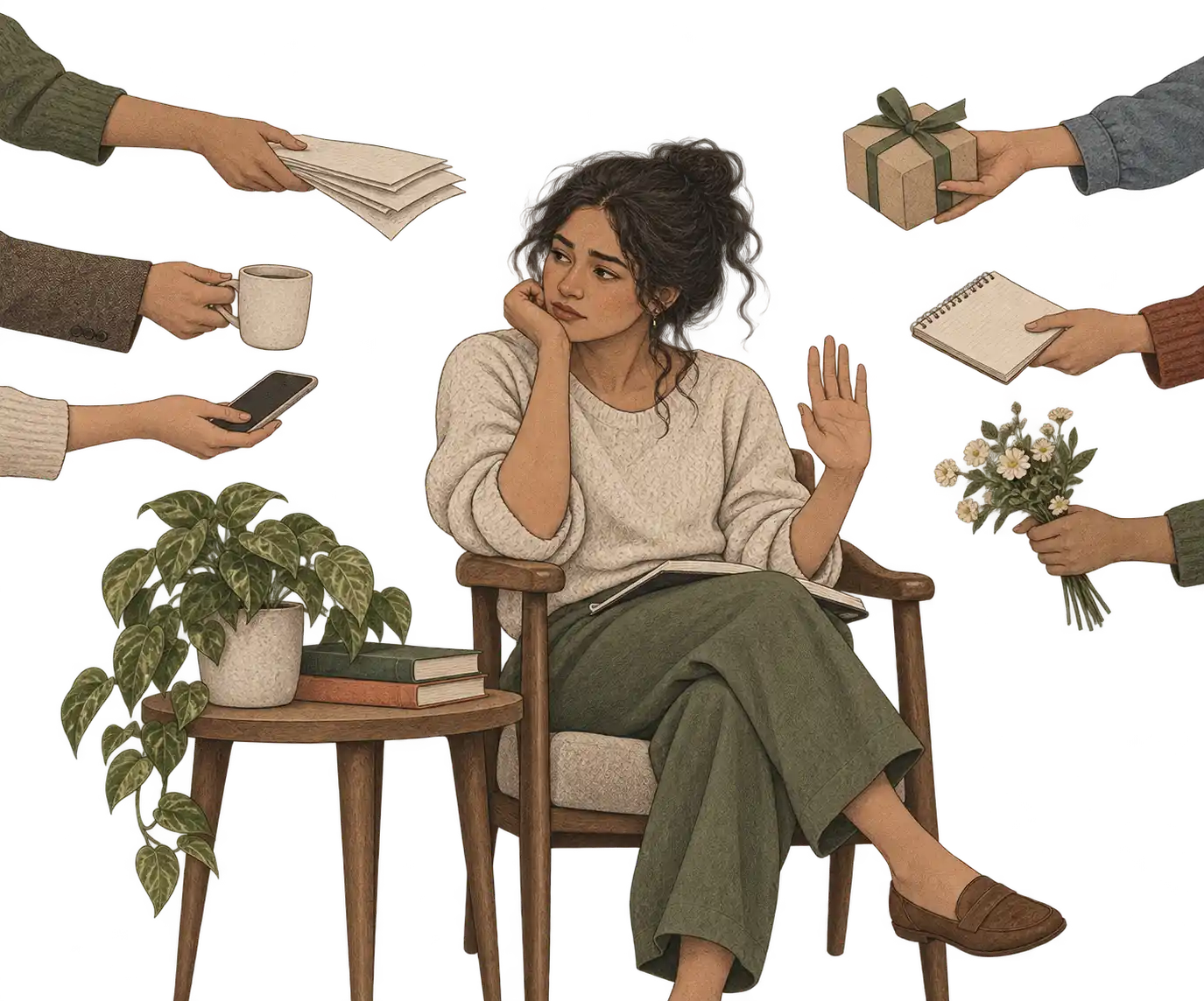 Illustration of an overwhelmed person surrounded by requests and offers