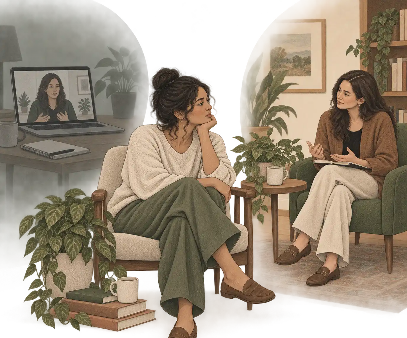 Illustration comparing an online therapy session with an in-person session
