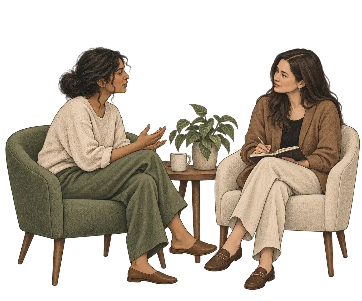 Illustration of a client and therapist talking across a small table