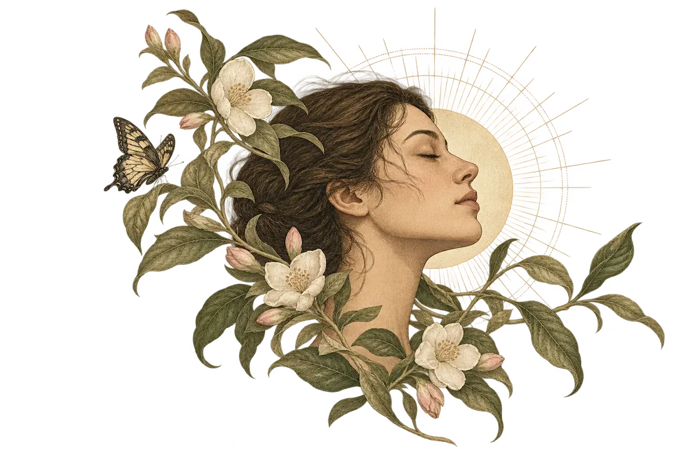 Illustration of a woman with her eyes closed, framed by magnolia branches, a butterfly, and a soft sun