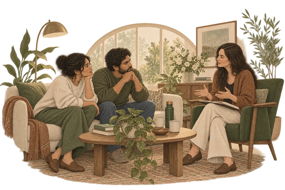 Illustration of a couple on a sofa talking with a therapist in a warm, plant-filled office