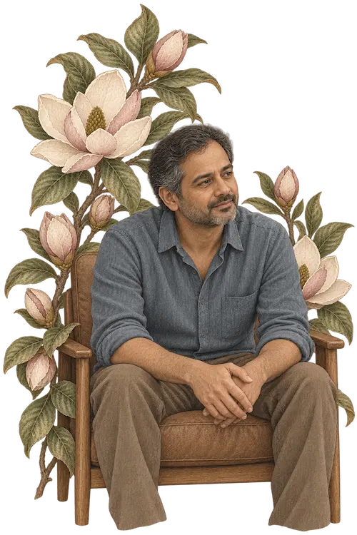 A man sitting in a wooden armchair, hands clasped, framed by magnolia branches